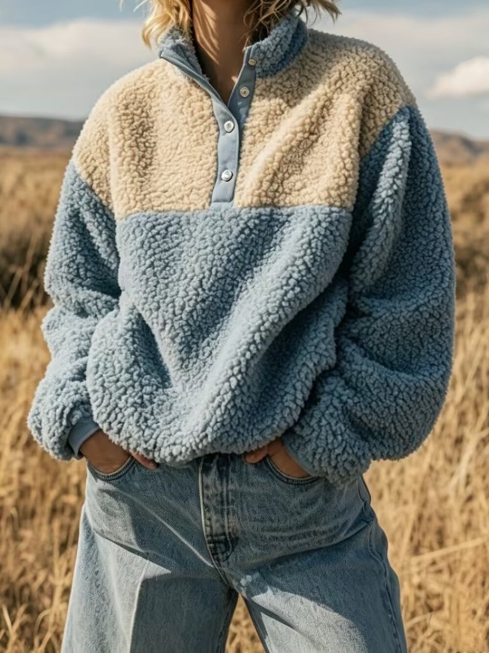 Plush Half-Button Turtleneck Sweater Blue